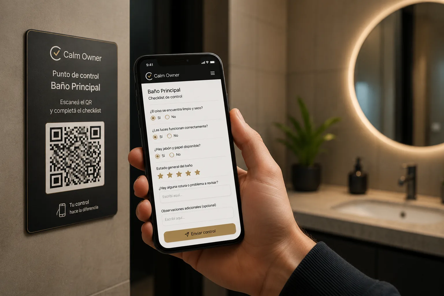 Empleado escaneando el QR de un punto de control Calm Owner en el baño principal y completando el checklist desde su teléfono.